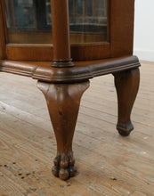 Load image into Gallery viewer, Antique Tiger Oak Curved Glass Curio Cabinet with Leaded Glass and Claw Feet

