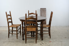 Load image into Gallery viewer, Vintage Solid Oak Round Extension Dining Table with Four Rush Seat Ladderback Chairs

