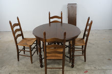 Load image into Gallery viewer, Vintage Solid Oak Round Extension Dining Table with Four Rush Seat Ladderback Chairs
