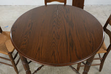 Load image into Gallery viewer, Vintage Solid Oak Round Extension Dining Table with Four Rush Seat Ladderback Chairs
