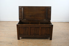 Load image into Gallery viewer, Vintage Solid Oak Hope Chest Blanket Storage Trunk Carved Panel Front
