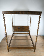 Load image into Gallery viewer, Carved Oak Barley Twist King Size Canopy Bed Attributed to Baker Milling Road
