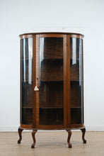 Load image into Gallery viewer, Curved Glass Oak Curio Cabinet with Queen Anne Legs
