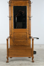 Load image into Gallery viewer, Antique Tiger Oak Hall Tree with Mirror, Coat Hooks, Storage Bench and Umbrella Stand
