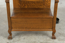 Load image into Gallery viewer, Antique Tiger Oak Hall Tree with Mirror, Coat Hooks, Storage Bench and Umbrella Stand

