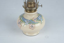 Load image into Gallery viewer, Floral Ceramic Oil Lamp Glass Chimney 15 Inch Cream Pink Blue Lily Design
