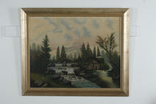 Load image into Gallery viewer, Vintage Oil on Canvas – Rustic Cabin by Waterfall in Forest Landscape – 34" × 28" Framed
