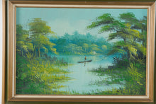 Load image into Gallery viewer, Vintage Original Oil Painting Tropical River Fisherman Landscape Framed 43 x 31
