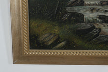 Load image into Gallery viewer, Vintage Oil on Canvas – Rustic Cabin by Waterfall in Forest Landscape – 34" × 28" Framed
