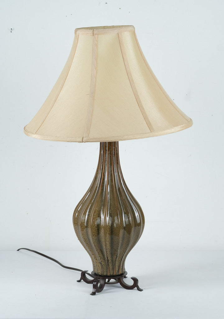 Olive Green Ribbed Ceramic Table Lamp with Crackle Glaze and Metal Base