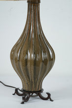 Load image into Gallery viewer, Olive Green Ribbed Ceramic Table Lamp with Crackle Glaze and Metal Base
