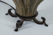 Load image into Gallery viewer, Olive Green Ribbed Ceramic Table Lamp with Crackle Glaze and Metal Base
