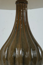Load image into Gallery viewer, Olive Green Ribbed Ceramic Table Lamp with Crackle Glaze and Metal Base
