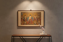 Load image into Gallery viewer, Original Hand-Painted Asian Scroll-Style Artwork on Silk Mount – Multi-Figure Buddhist Deity Scene – 47&quot; x 28&quot; Framed

