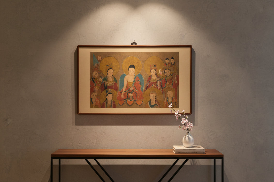Original Hand-Painted Asian Scroll-Style Artwork on Silk Mount – Multi-Figure Buddhist Deity Scene – 47