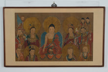 Load image into Gallery viewer, Original Hand-Painted Asian Scroll-Style Artwork on Silk Mount – Multi-Figure Buddhist Deity Scene – 47&quot; x 28&quot; Framed
