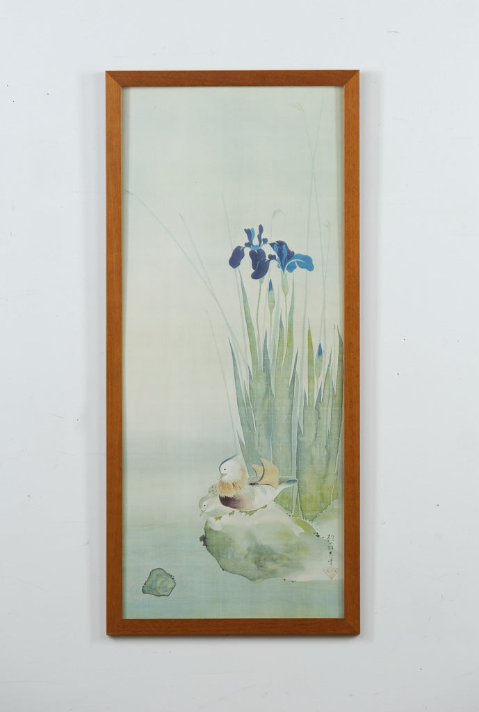 Framed Japanese Silk Print of Mandarin Ducks and Irises – Signed Asian Watercolor Style Wall Art