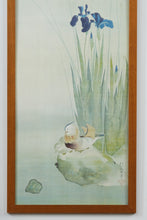 Load image into Gallery viewer, Framed Japanese Silk Print of Mandarin Ducks and Irises – Signed Asian Watercolor Style Wall Art
