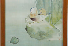 Load image into Gallery viewer, Framed Japanese Silk Print of Mandarin Ducks and Irises – Signed Asian Watercolor Style Wall Art
