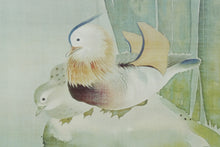 Load image into Gallery viewer, Framed Japanese Silk Print of Mandarin Ducks and Irises – Signed Asian Watercolor Style Wall Art
