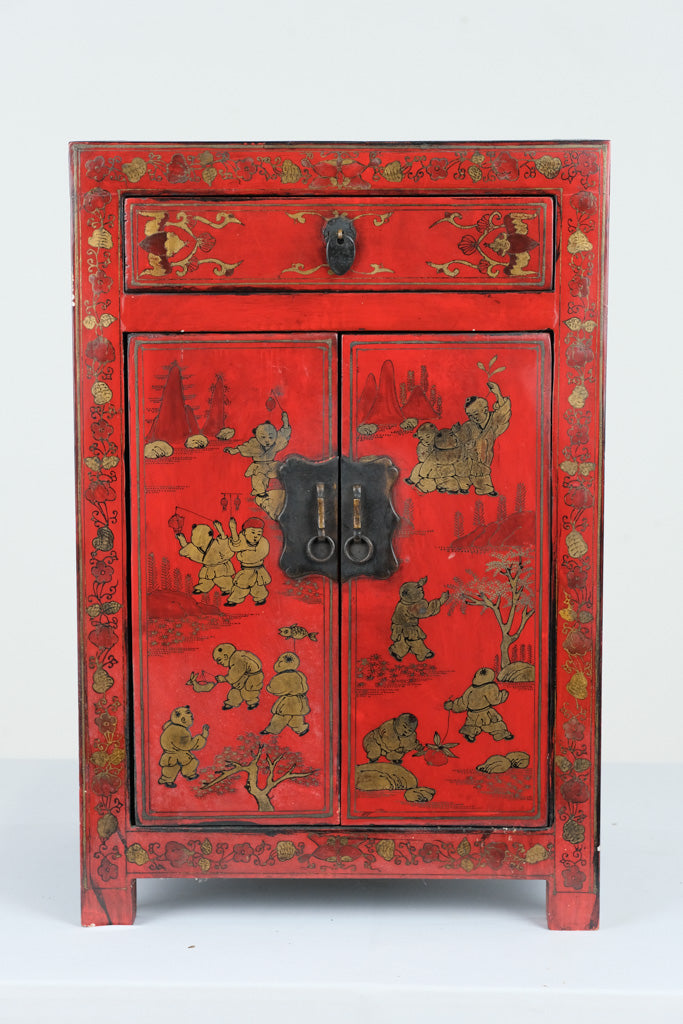 Red Lacquered Asian-Inspired Chest with Drawer and Cabinet