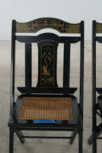 Load image into Gallery viewer, Set of 4 Asian Chinoiserie Black Folding Chairs Cane Seats Gold Painted

