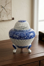 Load image into Gallery viewer, Blue White Porcelain Incense Burner Censer Pierced Lattice Tripod Footed Jar

