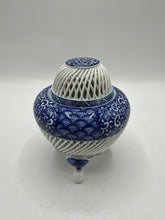 Load image into Gallery viewer, Blue White Porcelain Incense Burner Censer Pierced Lattice Tripod Footed Jar
