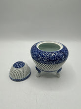 Load image into Gallery viewer, Blue White Porcelain Incense Burner Censer Pierced Lattice Tripod Footed Jar
