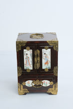 Load image into Gallery viewer, Vintage Chinese Jewelry Box Wood Brass Porcelain Panels Mini Cabinet Chest

