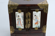 Load image into Gallery viewer, Vintage Chinese Jewelry Box Wood Brass Porcelain Panels Mini Cabinet Chest
