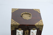Load image into Gallery viewer, Vintage Chinese Jewelry Box Wood Brass Porcelain Panels Mini Cabinet Chest
