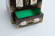 Load image into Gallery viewer, Vintage Chinese Jewelry Box Wood Brass Porcelain Panels Mini Cabinet Chest

