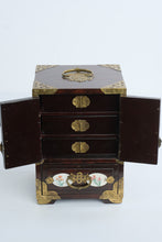 Load image into Gallery viewer, Vintage Chinese Jewelry Box Wood Brass Porcelain Panels Mini Cabinet Chest
