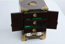 Load image into Gallery viewer, Vintage Chinese Jewelry Box Wood Brass Porcelain Panels Mini Cabinet Chest
