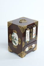 Load image into Gallery viewer, Vintage Chinese Jewelry Box Wood Brass Porcelain Panels Mini Cabinet Chest
