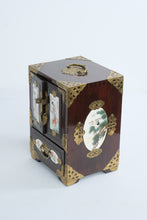 Load image into Gallery viewer, Vintage Chinese Jewelry Box Wood Brass Porcelain Panels Mini Cabinet Chest

