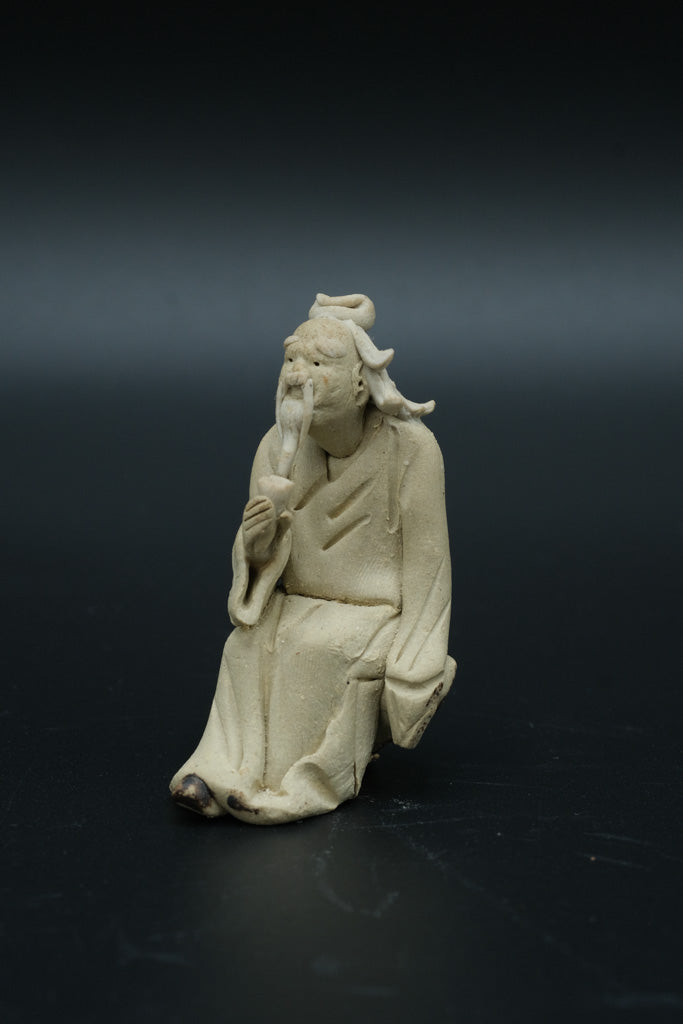 Chinese Shiwan Mudman Figurine – Seated Elder on Rock – Handcrafted Pottery Sculpture