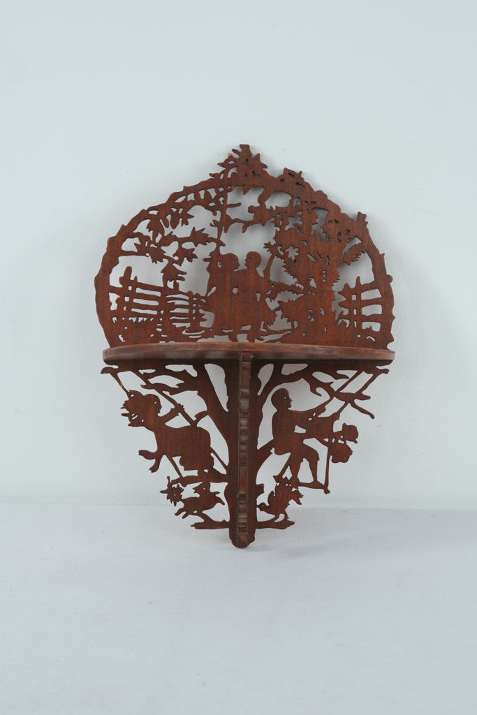 Vintage Folk Art Scroll Saw Wooden Wall Shelf – Country Scene Silhouette
