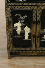 Load image into Gallery viewer, Hand-Painted Black Lacquer Chinoiserie Cabinet with Mother-of-Pearl Inlay &amp; Glass Top
