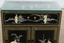 Load image into Gallery viewer, Hand-Painted Black Lacquer Chinoiserie Cabinet with Mother-of-Pearl Inlay &amp; Glass Top
