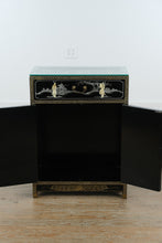 Load image into Gallery viewer, Hand-Painted Black Lacquer Chinoiserie Cabinet with Mother-of-Pearl Inlay &amp; Glass Top
