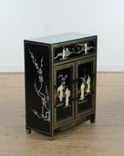Load image into Gallery viewer, Hand-Painted Black Lacquer Chinoiserie Cabinet with Mother-of-Pearl Inlay &amp; Glass Top
