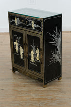 Load image into Gallery viewer, Hand-Painted Black Lacquer Chinoiserie Cabinet with Mother-of-Pearl Inlay &amp; Glass Top
