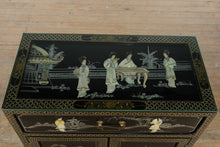 Load image into Gallery viewer, Hand-Painted Black Lacquer Chinoiserie Cabinet with Mother-of-Pearl Inlay &amp; Glass Top
