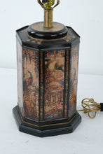 Load image into Gallery viewer, Vintage Converted Metal Tea Tin Lamp Base – Peacock Scene Lithograph Panels
