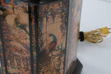 Load image into Gallery viewer, Vintage Converted Metal Tea Tin Lamp Base – Peacock Scene Lithograph Panels
