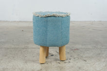 Load image into Gallery viewer, Blue Woven Upholstered Round Footstool Ottoman Fringe Trim Wood Legs 17 Inch
