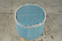 Load image into Gallery viewer, Blue Woven Upholstered Round Footstool Ottoman Fringe Trim Wood Legs 17 Inch
