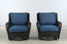 Load image into Gallery viewer, Pair of Woven Outdoor Swivel Lounge Chairs with Blue Cushions
